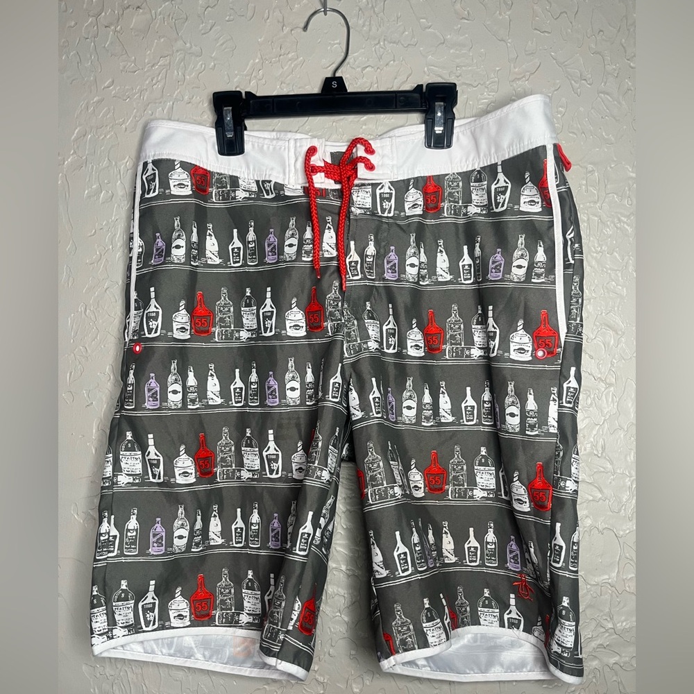 Original Penguin Gray and Red Bottle Print Swim Shorts